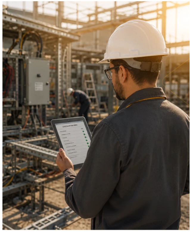 Engenheiro com tablet realizando supervisão de obra