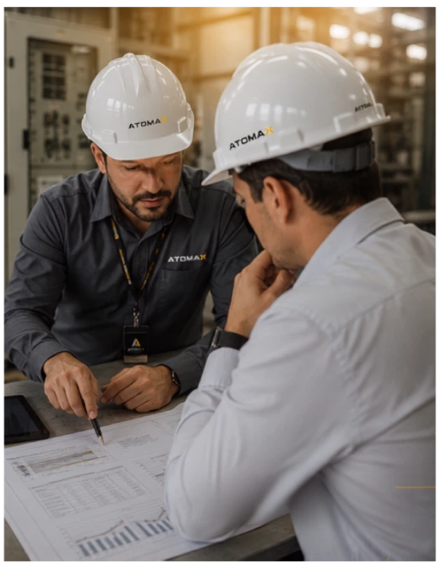 Engenheiros avaliando projeto em consultoria