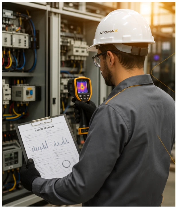 Engenheiro inspecionando painel elétrico com câmera termográfica