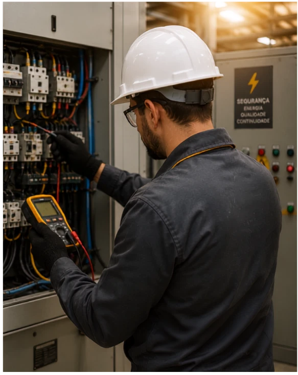Engenheiro realizando manutenção em painel elétrico com multímetro