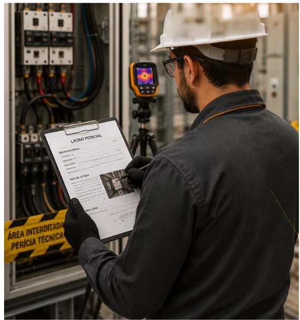 Engenheiro realizando perícia técnica em painel