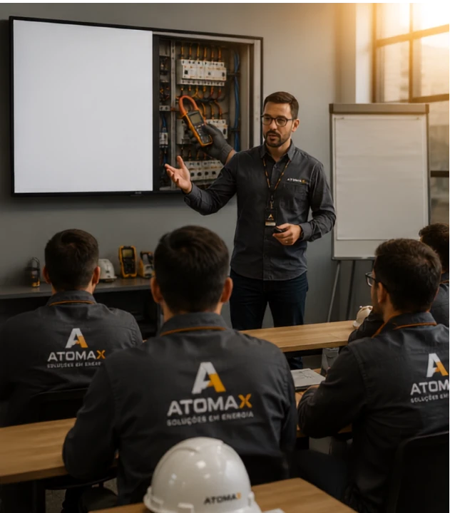Instrutor ministrando treinamento sobre segurança em instalações elétricas
